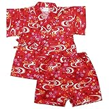 《盛夏 甚平》(ジンベイ) 日本製ベビー女児 サザンクロス生地金魚総柄衿フリル甚平スーツ 80cm/レッド NO.OG-75552