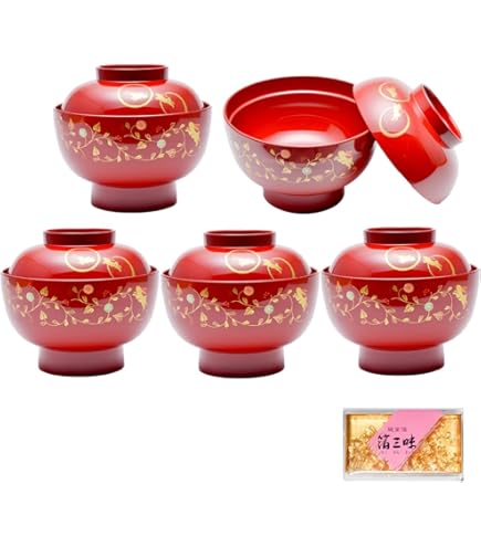 【山中漆器　鈴型\"吸物椀×5客】天然木製　春秋蒔絵　祖父江ジャパン　未使用品 山中漆器 鈴型