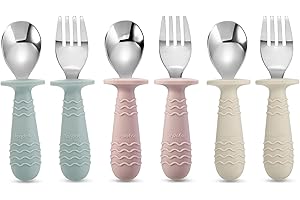 PandaEar 6 Pieces Baby Toddler Silicone Stainless Steel Utensils Silverware Spoon Fork for Baby Toddler BPA Free with Silicone Holding Anti-Choke Design (Blue Pink White)