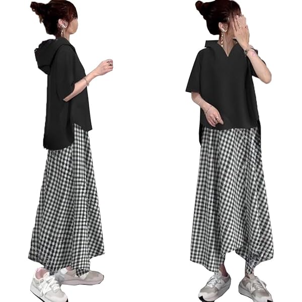 希少•美品【半袖パーカー+ハート柄スカート】ダイアグラム／ドッキングワンピース Amazon | [YINGDIE] セットアップ レディース チェックスカート