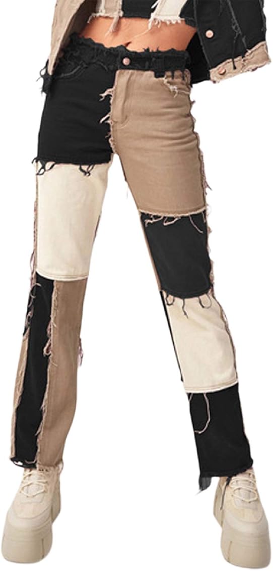 Women's Patchwork Pants Hight Waist Distressed Straight Denim Jeans Fashion  A-line Vintage Pencil Trousers, Patchwork Denim-black, X-Small :  Amazon.com.au: Clothing, Shoes \u0026 Accessories