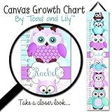 Personalized KidsキャンバスGrowth ChartパープルとターコイズStacked Up Owl FriendsダマスクBaby NurseryキャンバスGrowth Chart 