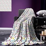 smallbeefly Kids Throw BlanketカラフルDoodleスタイル魚Figures with Happy Faces and Bubbles Under The Sea Aqua