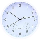 不二貿易 掛け時計 直径25.4cm ホワイト 温度・湿度計付き スイープ 連続秒針 静音 ベゼル 26332