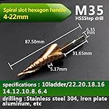 hss-co m35六角形シャンクスパイラル溝ステップドリルビットメタルコーンステップドリルビットステンレス鋼ホールソー穴カッター-Bronze 4 22mm 1pc