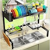 YKLSLH 2段 格納式 大型 シンク上 食器乾燥ラック バスケット4個付き すべてのシンク用 (22.8インチ~39.4インチ) 調節可能な大容量シンクラック スペースを節約する鉄製排水ラック (2段-4バスケット)