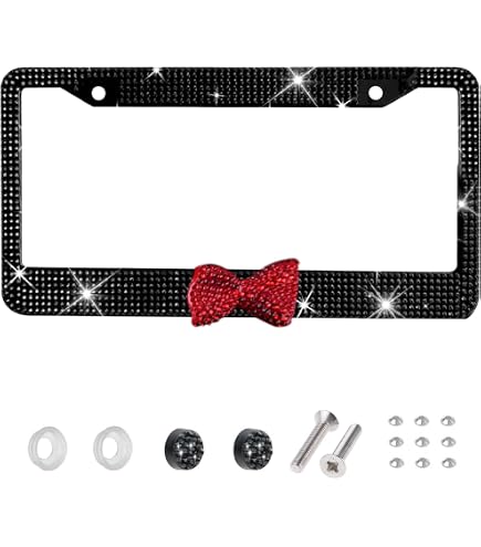JR2 7-Row Pink Crystal License Plate Frame Set – 2 Frames + Pink Rings + Free Caps
