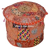 Stylo文化Indianラウンド18 "パッチワーク刺繍オットマンスツールPoufカバーコットンオレンジフローラルOttoman家具リビングルームPouffeカバーby