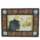 Decorative Picture Frame 6 X 4 Photo - Faux Tooled Flower Leather Look, Turquoise & Silver Details W
