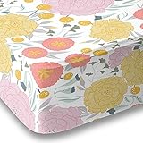 フローラルonホワイトベビーフィットベビーベッドシート寝具、ホワイトwithコーラルピンク、イエロー、Seafoamティール花