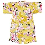 和柄 さくら 甚平 スーツ 日本製 夏物 パジャマ SAKURA KANJI WAGARA j-71654 90cm イエロー