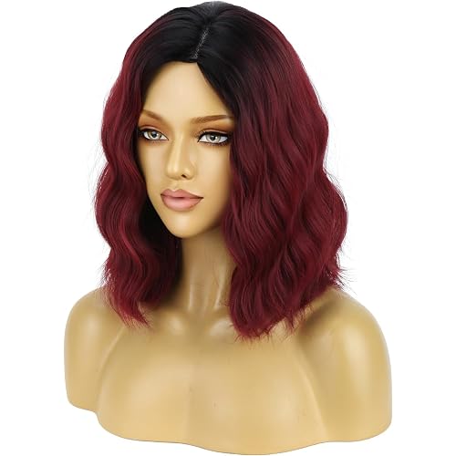 BERON 14 Inches Women Burgundy Ombre Wigs Girls Short Curly Bob Wavy Wig Wine Red Body Heat Resistant Synthetic Cosplay Daily