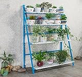 フラワーラック、バンブーソリッドウッド4レイヤーグリーンラディッシュランディングバルコニーフォールドシェルフフラワーポットラック ( 色 : 青と​​白 , サイズ さいず : 100cm )