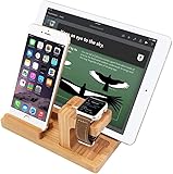 ChrysM 充電スタンド スマホ充電 竹製 収納スタンド ケーブル収納 卓上ホルダー スマホ・タブレットスタンド 充電ステーション腕時計ラック付き 4ポート 同時充電 多機能 Apple Watch/AirPods/iPhone/iPad/Mac/Nexus/Galaxy/Android/タブレット/PC/スマホ/Kindle など充電対応