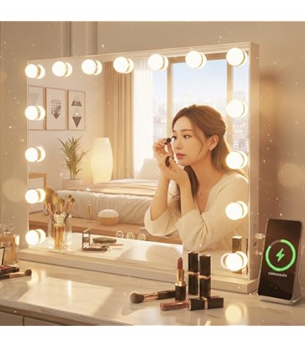 女優ミラー 15個LED電球付き 壁掛/卓上両用 無段階調光 USBポート付 FENCHILIN 化粧鏡 58x46cm 壁掛け/卓上 三色照明