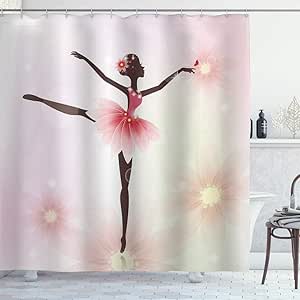 Amazon Kapanou 防水 シャワーカーテン 女の子バレエバレリーナダンサーピンクアフリカ系アメリカ人花柄スカート体操芸術 かわいいシャワーカーテン ユニットバス バスルーム 芸術の装飾 180cmx180cm バスフック付き 取り付け簡単 シャワーカーテン ホーム キッチン