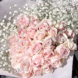 キラキララメ付きピンクローズ30本の花束（キラキラ白いかすみ草付）お誕生日、お祝い,にお届け。花言葉「恋の誓い」