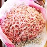 キラキララメ付きピンクローズ 100本とキラキラ白いかすみ草の花束 クリスマス、お誕生日、お祝いにお届け。花言葉「恋の誓い」。キラキララメ付きピンクバラ