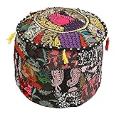 IndianリビングルームスツールPouf、足、ラウンドOttomanカバーPouf、従来のハンドメイド装飾パッチワークオットマンカバー、インドのホーム装飾コットンクッションオットマンカバー22 x 