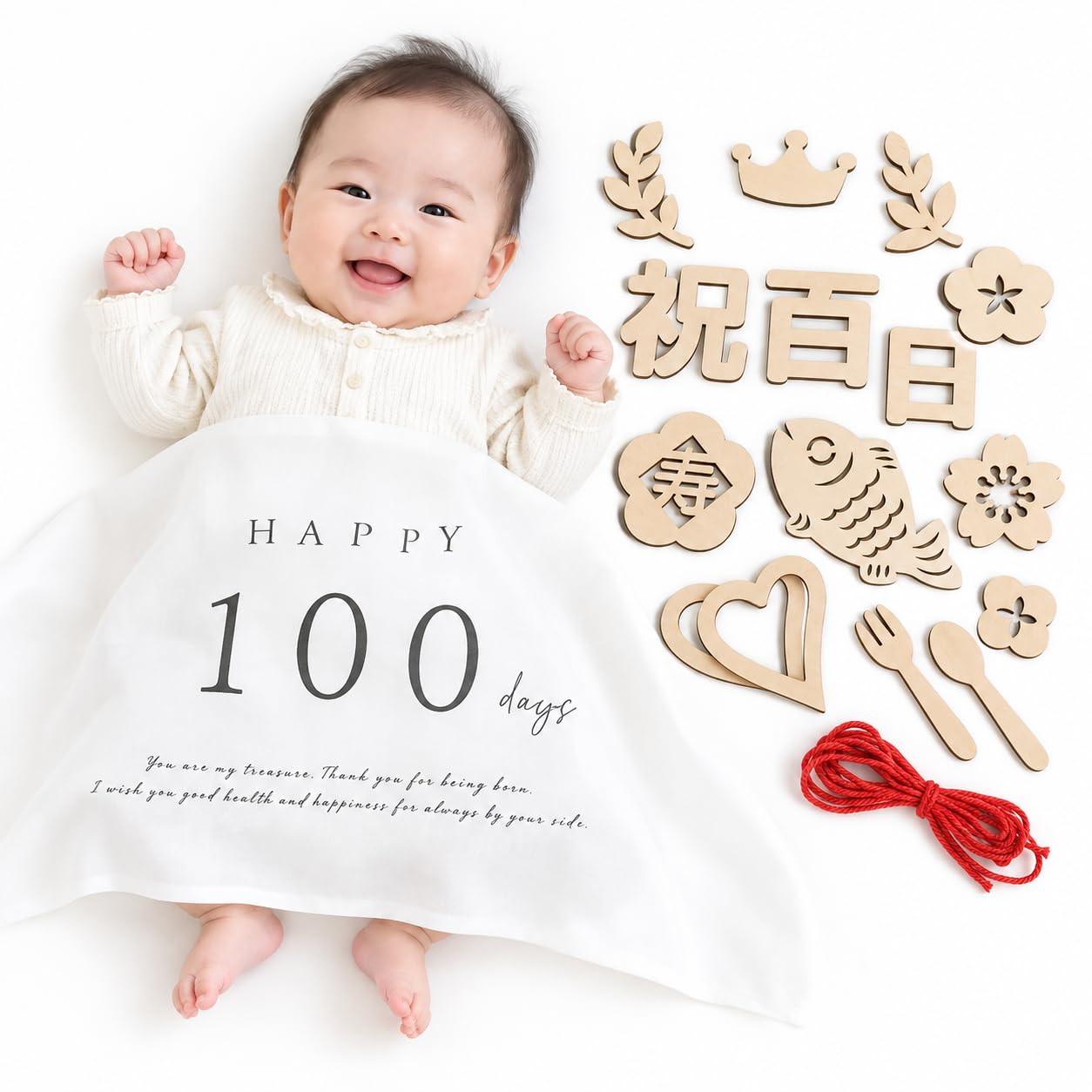 100日祝い 飾り セット タペストリー レターバナー フォトセット 百日祝い お食い初め 男の子 女の子 フォトグッズ 新生児 ニューボーンフォト | 天然木製の祝百日・寿・鯛レターバナー&100daysタペストリーセット|敷く・掛ける・自由に並べ