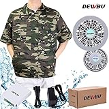 DEWBU 空調服 作業服 空調風神服 熱中症対策 長袖 半袖 工場内 屋外 農業 エアークラフト (半袖迷彩, L)