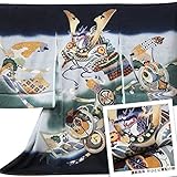【紋入れ付き】【お宮参り着物】【濃紺地系 かぶとに軍配の柄】男の子 友禅 正絹【風呂敷プレゼント / ギフト対応】