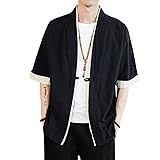 [foveitaa] 夏服 メンズ 和式 パーカー 七分袖 五分袖 半袖 メンズ 夏 大きいサイズ tシャツ 甚平 和風 羽織 和式 和柄 カーディガン コート 無地 ゆったり カジュアル 開襟シャツ 重ね着風 かっこいい トップス Black 2XL