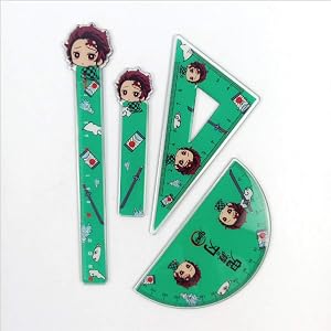 【人気アニメ 鬼滅の刃】 文房具 4点セット 多機能 幾何学用品 定規 半円分度器 三角定規 算数定規セット しおり ブ…