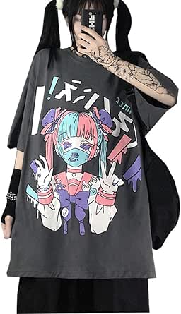 Amazon 病みかわいい 服 レディース 原宿系 Tシャツ 半袖 韓国 ファッション シャツ トップス 萌え アニメ プリント チュニック 大きいサイズ Tシャツ カットソー 通販