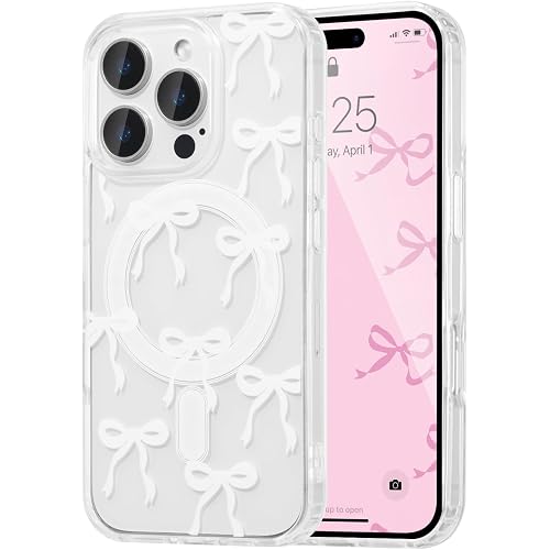 UEEBAI Magnetic for iPhone 12 Case & iPhone 12 Pro Case, Bow Case Compatible with MagSafe, Wireless Slim Clear Ribbon Phone C
