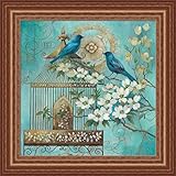 青い鳥とハナミズキElaine vollherbst-laneターコイズゴールド鳥かごアートフレーム印刷壁装飾 12  x 12  Inch GOG-GOGP13895-WO-12x12
