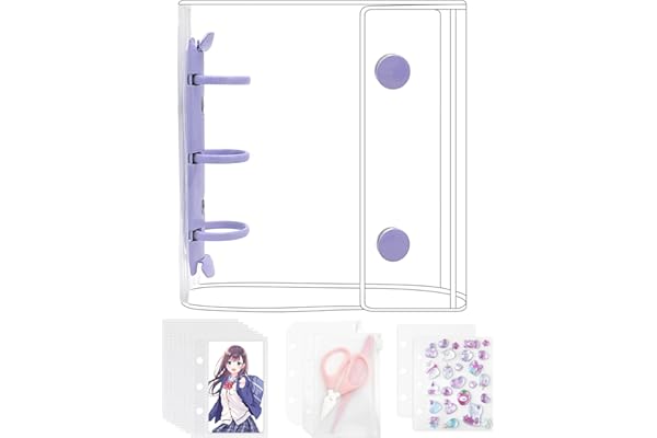 GOKEI シール帳 プラバン 透明 A8 ミニ バインダー 【リフィル×20枚 チャック付きボケット×2枚 下敷き×2枚】 PPシート カードポケット シール台紙 手帳 プリ帳 カードスリーブ 透明シール帳 はがせる バインダー型ノート 女の子 コラージュノート パープル