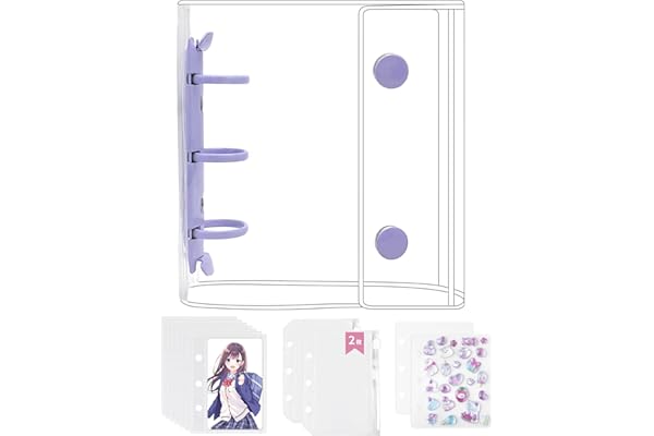 GOKEI シール帳 プラバン 透明 A8 ミニ バインダー 【リフィル×20枚 チャック付きボケット×2枚 下敷き×2枚】 PPシート カードポケット シール台紙 手帳 プリ帳 カードスリーブ 透明シール帳 はがせる バインダー型ノート 女の子 コラージュノート パープル