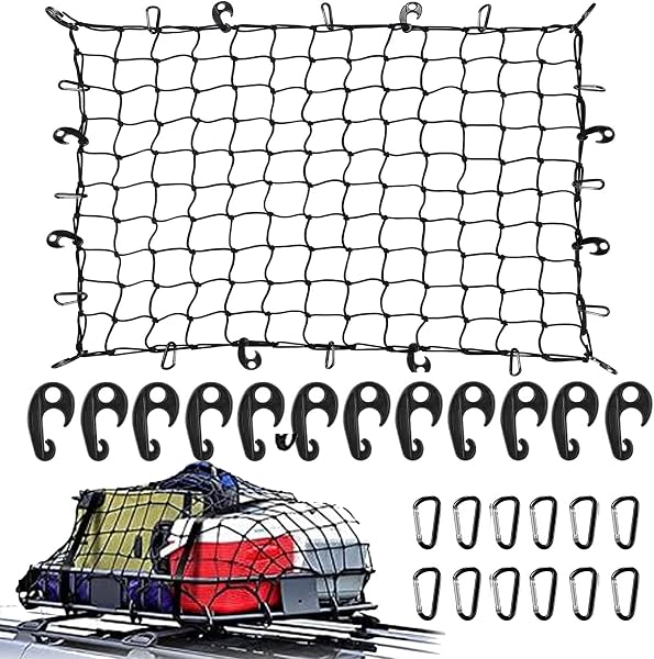 Temiry Cargo Net 90×120cm Load Collapse Prevention Car Luggage Net Cargo Storage Elastic Roof Carrier Net ABS Hooks×12 D-Shaped Carabiners×12 Touring Net Cargo Drop Prevention High Elasticity Cargo - 1