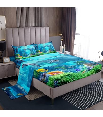 Feelyou Full Size Kids Bed Sheet Set - Marine Animals Theme, Deep Pocket Fitted Sheet, Ocean Bedding