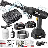 高圧洗浄機 【洗車スタッフ監修】 高圧洗浄機コードレス充電式 PSE認証済洗車機 バッテリー2個付き 5MPa圧力持ち噴射水量6L/min 自吸式450Wと6段階水モードあり 本体重さ650gで持ち運びに便利 日本語取扱説明書と収納ボックス付き家庭用