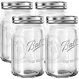 Mason Jars 広口 32オンス 滑り止めジャーオープナーブランドBHLジャー付き - 4クォートサイズのメイソンジャーセット - 瓶詰ガラスジャー 蓋付き