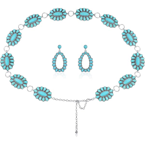 6737 Vintage Flower Turquoise Chain Belts Silver Pear Coin Pendant Metal Women Silver Color Vintage Metal Flower Chain Coin Charm  main image 4