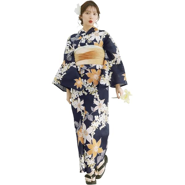 Amazon | （ディータ）Dita レディース 浴衣 5点セット 兵児帯 紺 黄色