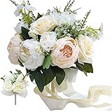 misaki ウエディングブーケ ブートニア 花嫁ブーケ 牡丹 バラ ガーデンローズ ブライダルブーケ ラウンドブーケ 花束 造花 欧米風 挙式 結婚式 パーティー ニ次会 撮影 (ホワイト&ライトピンク)