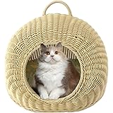 RAKU 素材改良手編み ねこちぐら 無塗装 匂いがない クッション付き 風通し通気性 ペットベッド ペットハウス ベッドルーム 小屋 籠 持ち手付 ドーム型 小中型 洗える 軽い オシャレ カワイイ ペット兼用(クリームホウワイト)