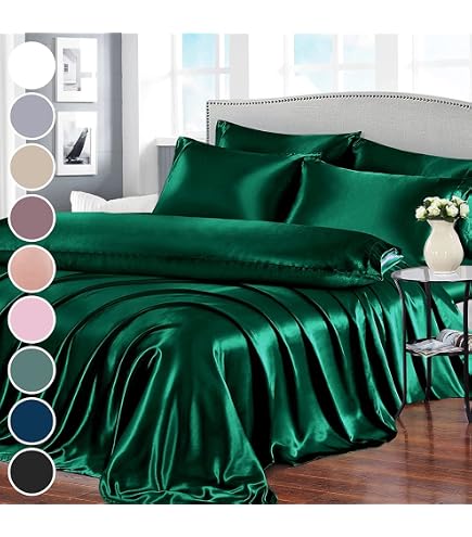TREELY King Size Satin Sheet Set - 6 Piece Blackish Green, Deep Pocket 15", Ultra Soft