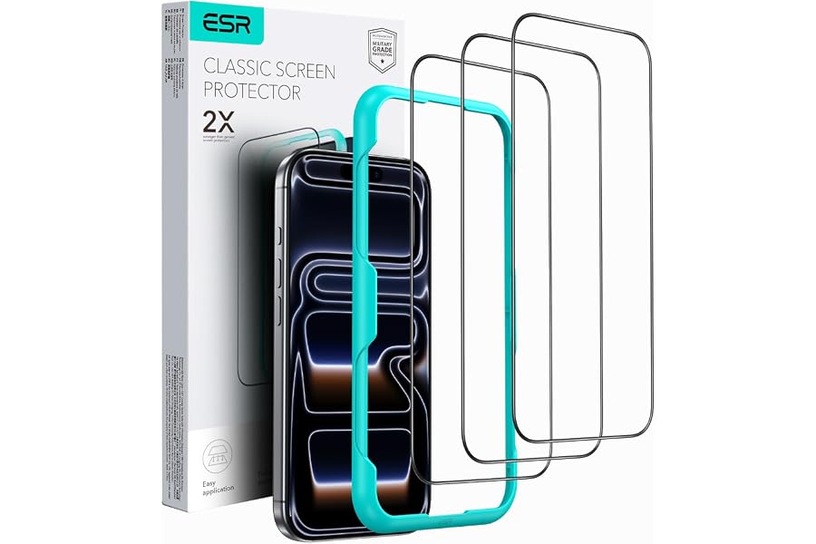 ESR 3 Pack for iPhone 18 Pro Max/17 Pro Max Screen Protector, Align Frame | Military Grade Shatterproof, 9H Tempered Glass, S