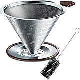 SRIWATANA コーヒードリッパー ステンレスフィルター 2層メッシュ 一体式 洗浄用ブラシ付き 4杯用