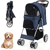 Costway Folding Pet Stroller, 4-Wheel Cat Dog Cage Stroller with Mesh Windows & Cup Holder & Storage Basket, One-Hand Folding