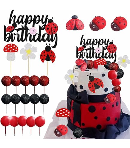 Ladybug Glitter Cake Topper For 1st Birthday - Pre-assembled Baby Shower Decoration With Daisy, 6.9"x4.3"