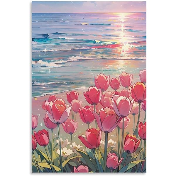 Amazon.co.jp: 絵画 ビーチのチューリップの花インテリア 絵画 アニメ 