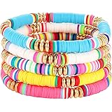 NVENF Rainbow Heishi Bracelets for Women Stackable African Vinyl Disc Bead Stretch Bracelets Bohemia Layered Surfer Bracelets