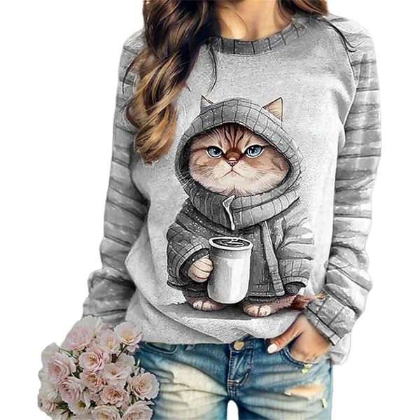 Amazon | [Exsaupy] 猫 Tシャツ レディース 長袖 トップス ネコ 柄
