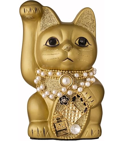 常滑焼 おいのり猫　招き猫　作家さん　レア　ドラミちゃん好きな方にも　金彩 招き猫 愛知県の工芸 (143-59-86) 右手上げ 7号小判白猫貯金箱 置物